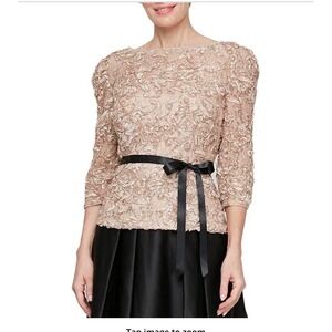 Alex Evenings Champagne Soutache Lace Tie Belt Blouse Sequins  XL Petite